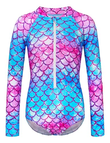 Image of Girls Long Sleeve Swimsuit Zipper Rash Guard Bathing Suit Swimwear with UPF 50+ Sun Protection for Toddler Kids