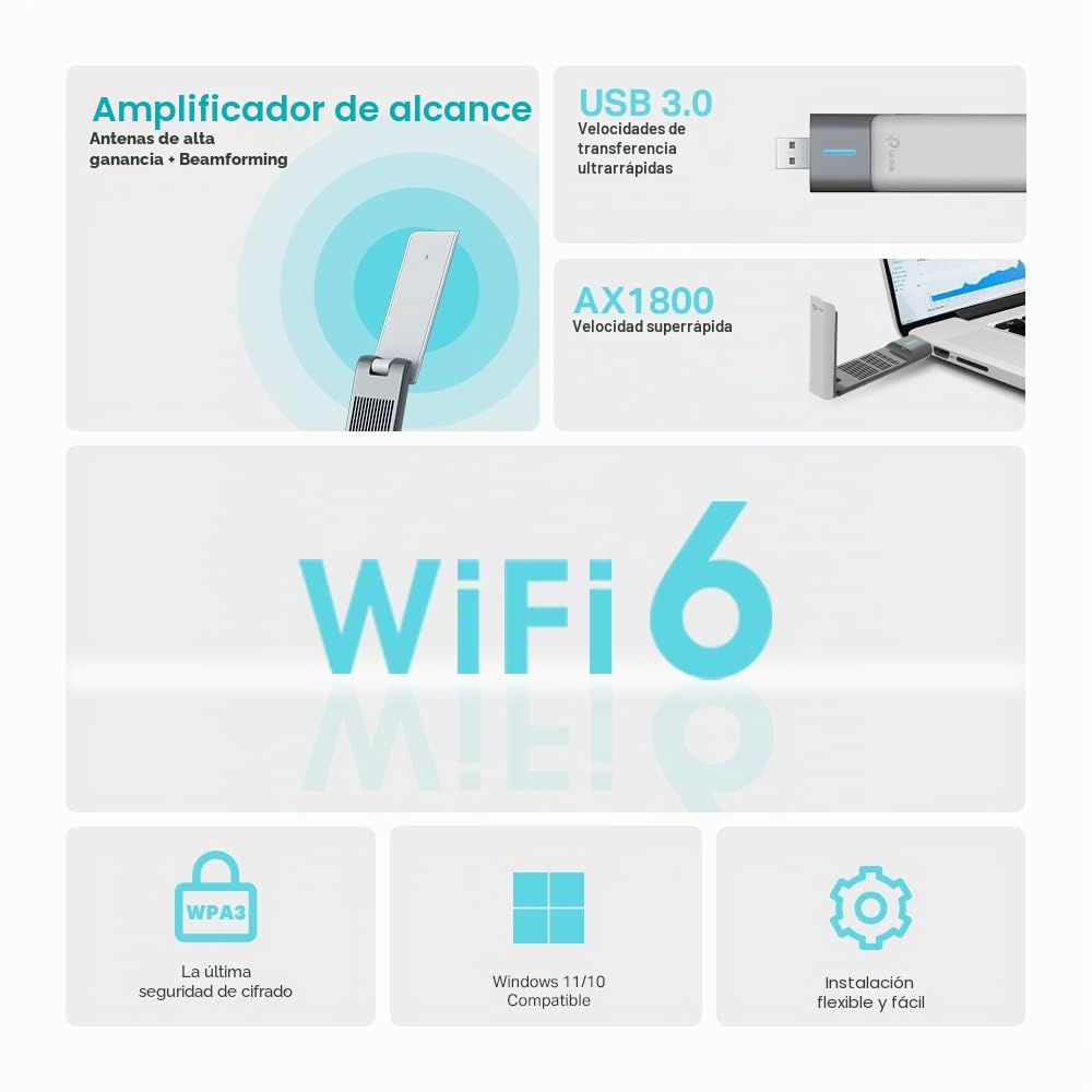 TP-Link Archer TX20UH AX1800 - Dongle WiFi para PC, WiFi 6 de Doble Banda inalámbrica, Adaptador WiFi USB para PC, Cable de 1,2 Metros, Cobertura más Amplia, dongle WiFi USB 3.0, Wins, MU-MIMO, OFDMA