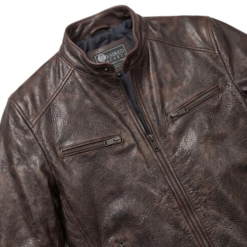 Image of Men Cafe Racer Motorcycle Style Solid Leather Jacket Slim Fit Motorcycle Brown Cafe Racer Leather Jacket