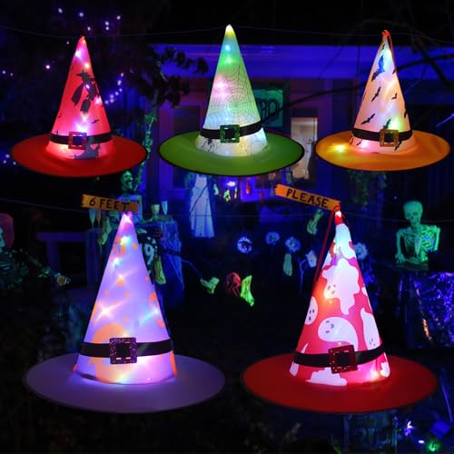 Fancysky Pacote de 5 pingentes com chapéu de bruxa, chapéu de bruxa de Halloween com luz LED, luzes de decoração ao ar livre, pode ser pendurado ou usado, adequado para pátio, jardim, festa