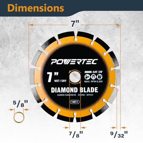 Image of POWERTEC 7 inch Laser-Welded Segmented Diamond Saw Blade for Wet Tile Saw, Diamond Blade for Cutting Cured Concrete, Block, Brick, Pavers, Masonry, 7 inch Diamond Blades for Wet /Dry Cutting, 1PK (14011)