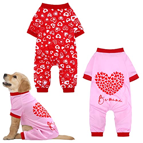 Pedgot 2 Pieces Valentines Day Dog Pajamas Cotton Heart Pattern Dog Clothes Apparel Valentines Day Dog Costume Pet Jumpsuits Onesies Jammies Puppy Onesies for Pet Dog, Small