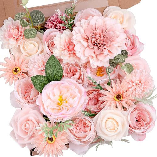 BSMYBO Roses Artificial Flowers Combo Pink Flower Bouquets Box with Stems for DIY Bridal Wedding Bouquets, Baby Shower Decorations Fake Floral Arrangements Table Centerpieces Home Decor Indoor