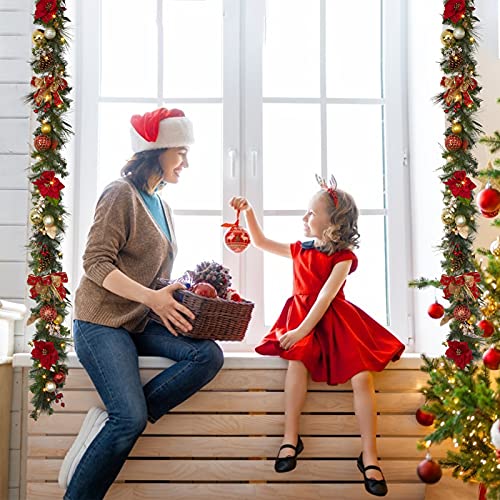 GarveeHome Prelit Christmas Garland for Mantle, 9 Ft Battery Operated Xmas Garland with Lights Red Gold Ball Ornaments Poinsettia Flower for Fireplace Front Door Stairs Railing Indoor Outdoor Decor