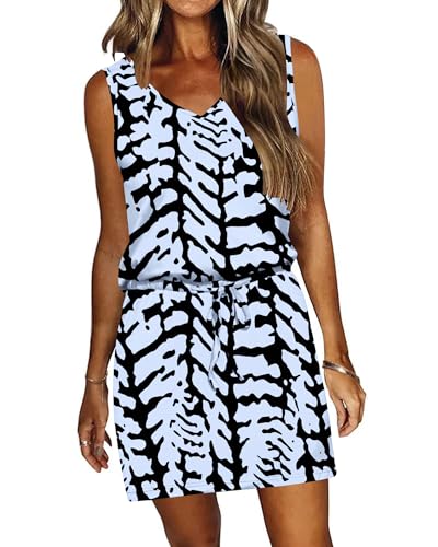 Image of AUSELILY Womens Summer Sleeveless V-Neck Drawstring Waist Beach Cover up Mini Short Swing Dresses with Pockets