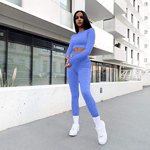 OYS Women\'s Workout 2 Piece Outfits Seamless High Waist Yoga Leggings Running Sports Long sleeve Gym Sets Blue