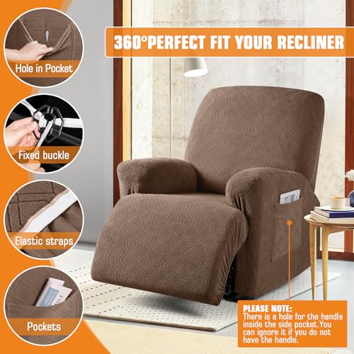 Image of VANSOFY Oversized Recliner Chair Cover, 4-Pieces Stretch Recliner Covers for Recliner Chair Soft Reclining Chair Slipcover Jacquard Pattern Furniture Protector for Dogs Cats(Light Coffee)