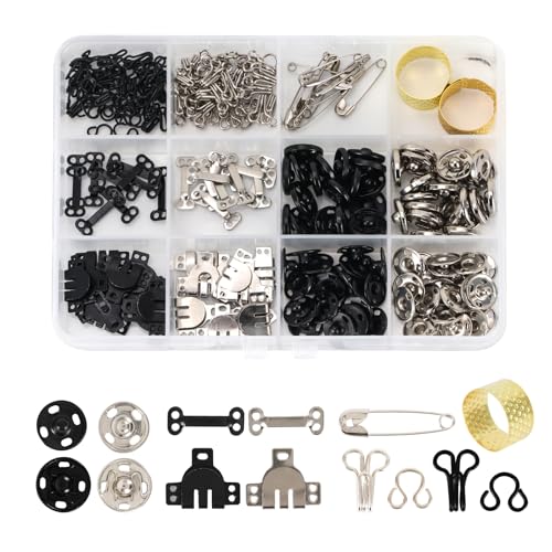 Hook and Eye Sewing Kit 112 Pairs Assorted Sizes Black and Silver Metal Hook and Eye Closures for Clothing Bra Skirt Dress Pants Hooks and Eyes for Sewing Repair with Organizer