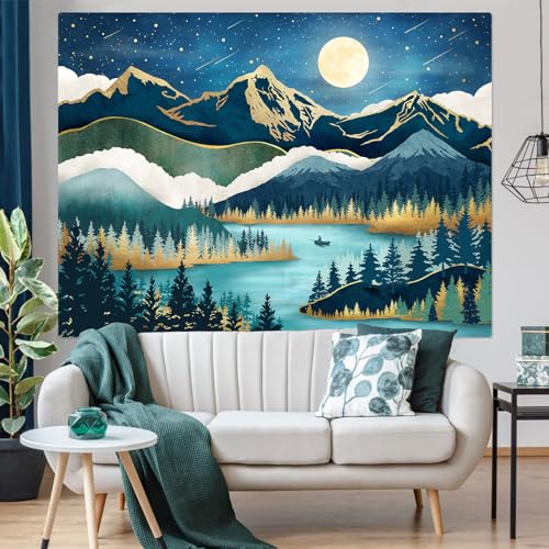 Accnicc Mountain Tapestry Nature Forest Tree Tapestries For Bedroom Aesthetic Starry Night Moon Stars Tapestrys Wall Hanging Teal Abstract Wall Tapestry For Dorm Living Room thumb #2