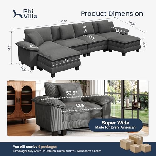 Image of PHI VILLA Cloud Modular Couch Sets, 157.5 inch Oversized Large Sectional Sofa with U-Shaped Chaise, 6-Seater Couches with Movable Ottomans for Living Room, Corduroy Grey