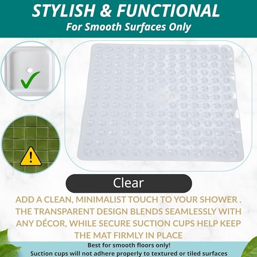 Image of ENKOSI Square Shower Mat - 21 x 21 Inch Non-Slip Bathroom Shower Stall Mat with Suction Cups and Drain Holes - Anti-Slip Shower Mats for Inside Shower - Square Bathmat (21x21 Clear)