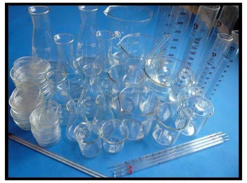 GOWE zestaw naczyń laboratoryjnych laboratoryjnych, materiał ze szkła Pyrex (zlewka, butelka Erlenmeyer, cylinder pomiarowy, naczynie Petri, termometr)