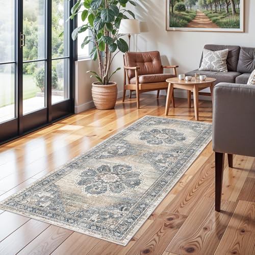 2x6 Hallway Runner Rug Washable: Soft Kitchen Rug Non Slip Runner with Rubber Backing for Living Room Bedroom Bathroom Non Shedding Farmhouse Carpet Runners (Blue, 2X6)