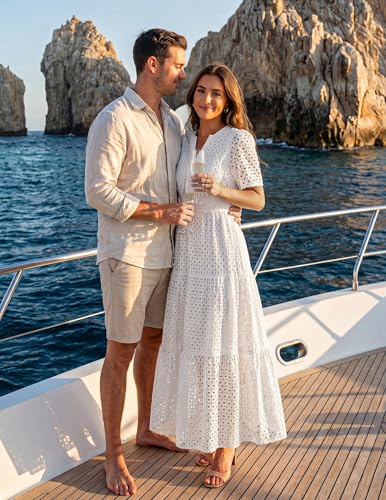 Image of ZESICA Women's 2026 Summer Short Sleeve Maxi Dress Casual V Neck Hollow Out Eyelet Ruffle Swing A Line Long Dresses