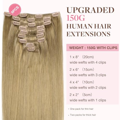 Image of GOO GOO Clip in Hair Extensions Real Human Hair, Remy Human Hair Extensions Clip ins for Women, Natural Human Hair, 18inch 150g 9Pcs, 7 Bronde
