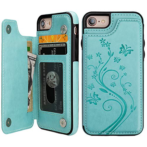 Vaburs Wallet Case for iPhone SE(2022) 5G/SE(2020)/7/8 with Card Holder, Embossed Butterfly Premium PU Leather Double Magnetic Buttons Flip Shockproof Protective Cover 4.7 inch (Mint Green)