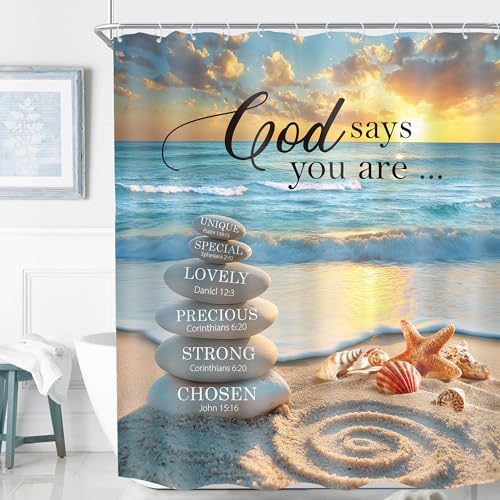 KOMLLEX Beach Christian Shower Curtain 60Wx72H Ocean Bathroom Decor Hawaiian Coastal Bible Verse Sea Waves Stone Scripture Starfish Shell Motivational Quotes Fabric Waterproof Polyester 12 Pack Hooks