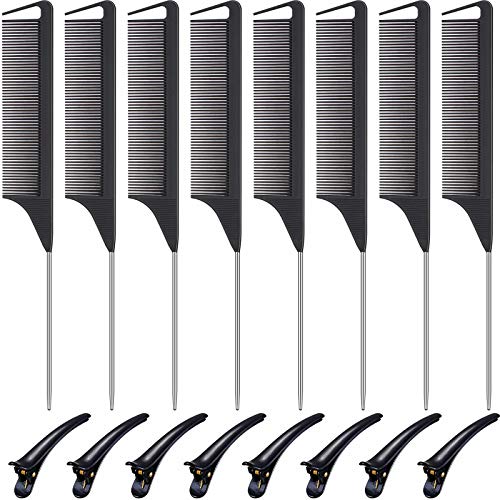 16 Pieces Parting Comb Sectioning Clips Set, Carbon Stainless Rat Tail Combs Pintail Comb and Duckbill Hairpin Barber Teasing Parting Styling Combs for Hair Styling Hairdressing