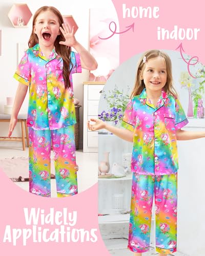 Sylfairy Girls Pajamas Silk PJS Set Rainbow Unicorn Sleepwear Short Sleeve Long Pants Jammies for Toddler Kids2