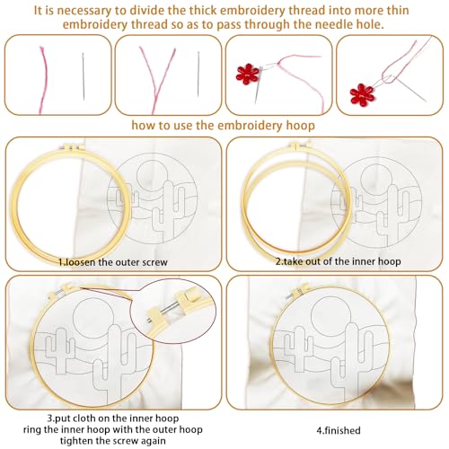Image of BEUNITONE 6 Set Bohemian Starter Embroidery Kit with Pre-Stamped Pattern | Needlepoint Craft Kits with Embroidery Hoops, Complete DIY Handmade Embroidery Set for Home Decor and Festival Gifts 20x20cm