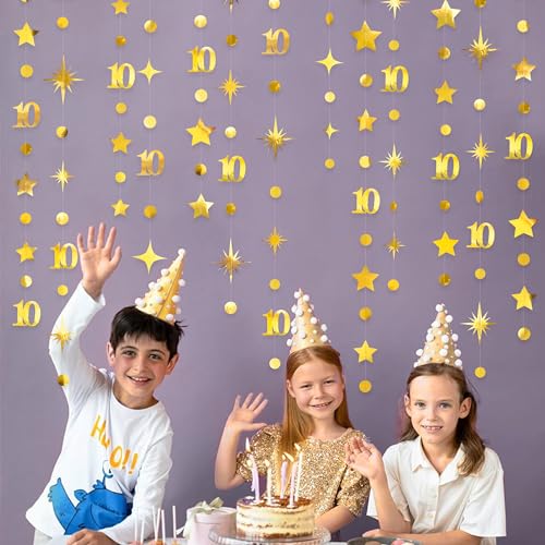 Image of Gold 10th Birthday Decorations Number 10 Circle Dot Twinkle Star Garland Metallic Hanging Streamer Banner Backdrop for Girls Boys Double Digits Ten Year Old Birthday 10th Anniversary Party Supplies