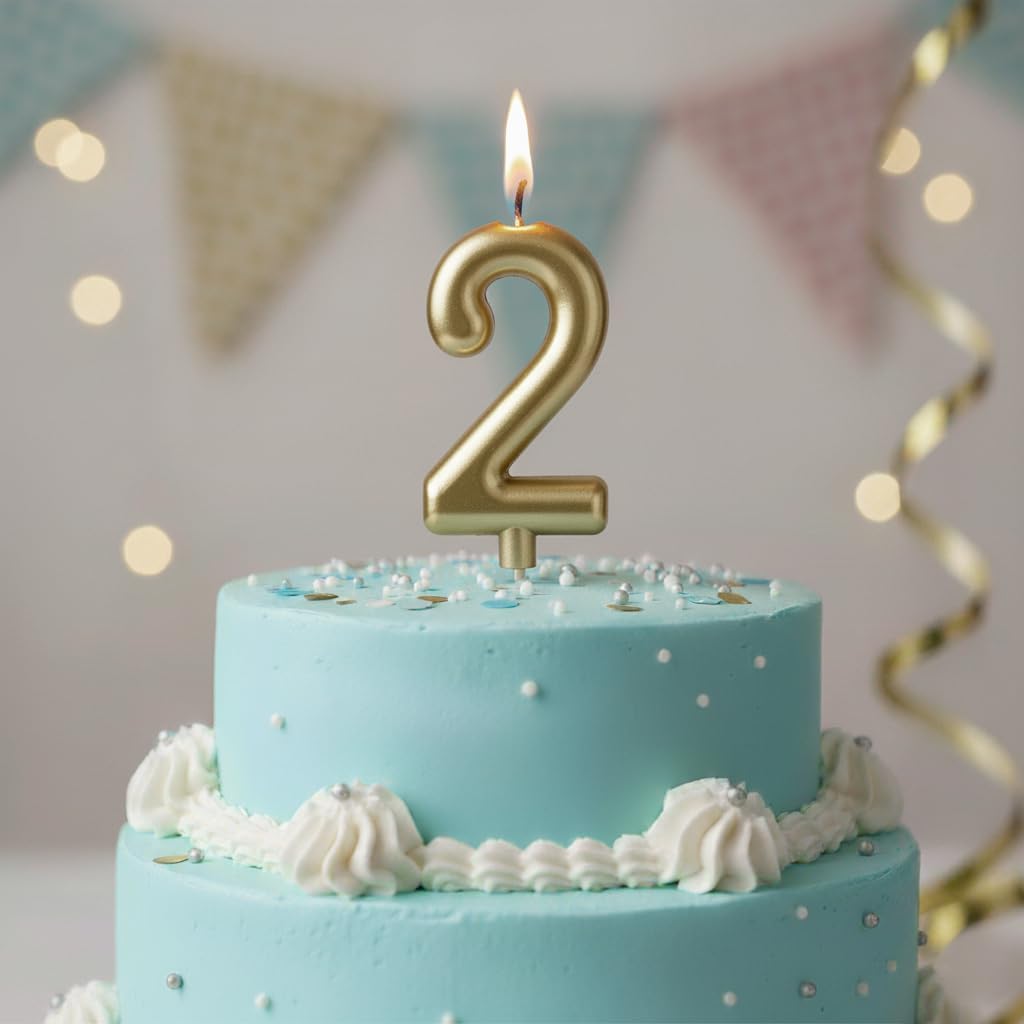 Gold Birthday Number 2 Candle, 5.75 Inch, Gold Birthday Decorations, Candles for Cake Topper, Party Decoration, Anniversary and Graduation Celebrations