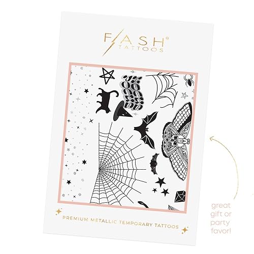 Miniatura 5 de Flash Tattoos Tatuajes temporales de Halloween Witch Please | 44 tatuajes espeluznantes | Tatuaje metálico | Suministros para fiesta de Halloween |
