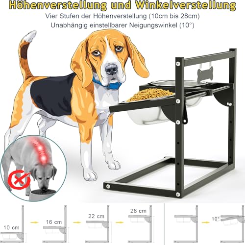 Hundenapf Erhöht mit 4 Höhenverstellbaren 10° Geneigten 2 Edelstahl-Hundenäpfe (1.5L x 2), Futternapf Hund Erhöht, Perfekte stabile Ständer für Hundenapf Geeignet für Groß, Mittel und Klein Hunde