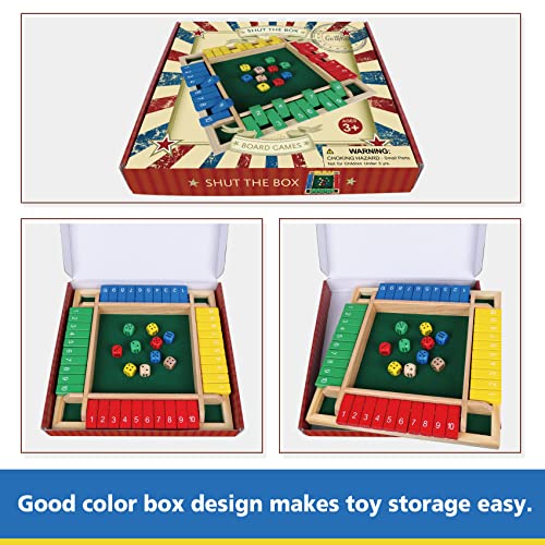 Gothink 12 Inch Shut The Box Dice Game With 10Pcs Dices Colorful Traditional Wooden Table Math Board Game 10 Numbers For Kids Adults, Family Classroom Home Or Pub Bar 1-4 Players #TOP4