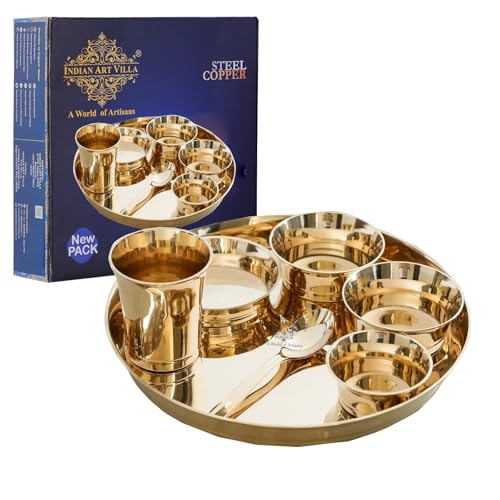 Image of INDIAN ART VILLA Bronze Shine Finish Pari Design Thali Set, 7 Piece