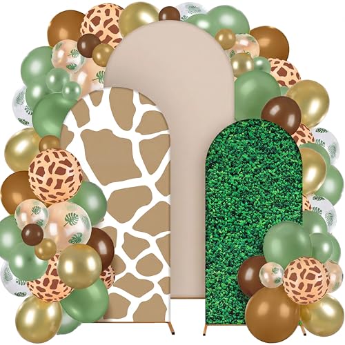 Foilswirl 34 Pieces Jungle Safari Party Decorations 4ft 5ft 6ft Safari Arch Backdrop Cover Jungle Arch Cover Green Leaves Backdrop Green Brown Khaki Balloons for Wildlife Birthday Party Decor