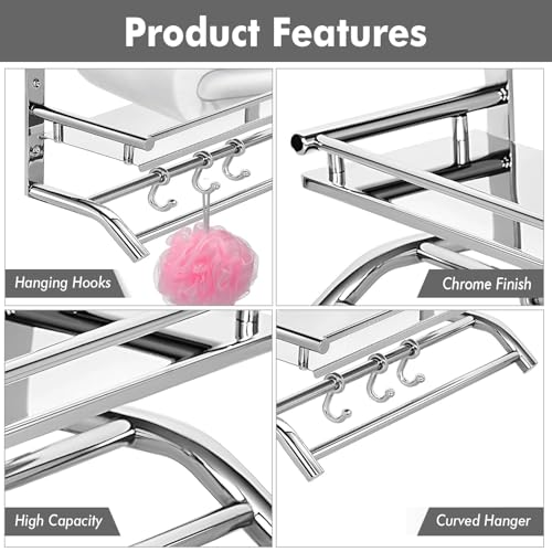 Image of Pivalo 2 in 1 304 Grade Stainless Steel Bathroom Shelf with Hook Hanger Multipurpose Home Accessories Organizer Set Corner Wall Mount Rack for Towel Soap & Toothbrush (Pack of 1, Silver, 1001A)