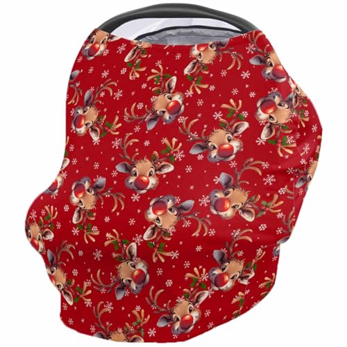 Nursing Cover for Breastfeeding Scarf, Christmas Cartoon Deer Snowflake Red Baby Car Covers Super Soft Multi Use for Canopy Shopping Cart Cover Blanket Stroller Cover