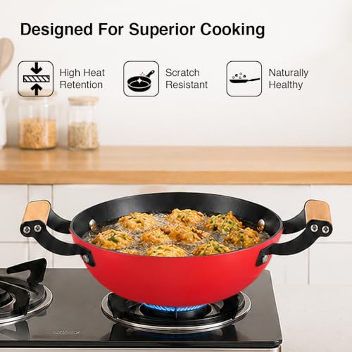 Image of Prestige Castlite Enamel Coated Cast Iron Kadai 24cm / 2.3L with Glass Lid | Lightweight, High Heat Retention | Gas & Induction Compatible | Low-Oil Cooking | Wooden Handles | Easy Clean |15Y Warranty