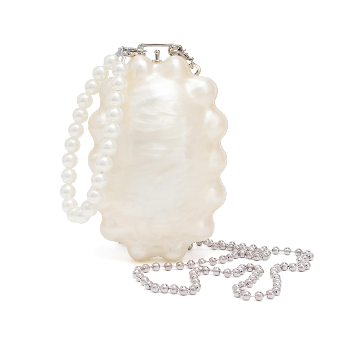 DUBELIE Clutch Bag for Women Off White Pearlescent Evening Bag Pearl Handbag for Wedding Party Daisy Crossbody Purse with Detachable Strap