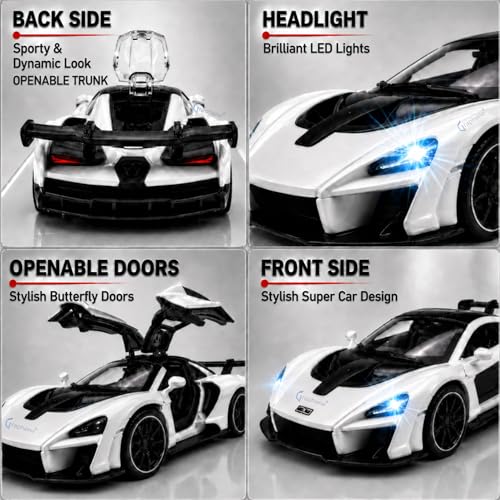 Image of GRAPHENE 1:32 Scale Metal Diecast Pull Back Sports Toy Car High Speed Premium Realistic Model Car Friction Powered Miniature Racing Openable Doors Light Sound Best Gift Boys Girls for 2+(White)