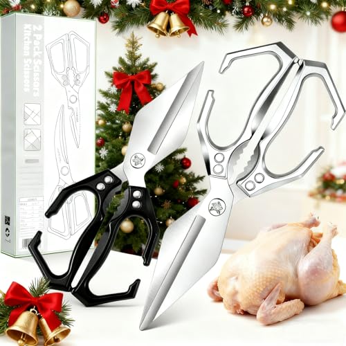 2-Piece Kitchen Scissors Set - Heavy Duty Poultry & Cooking Shears, High-Carbon Steel Meat Scissors for Chicken Bones/Seafood/Herbs, Ergonomic Handle (Black & Silver)