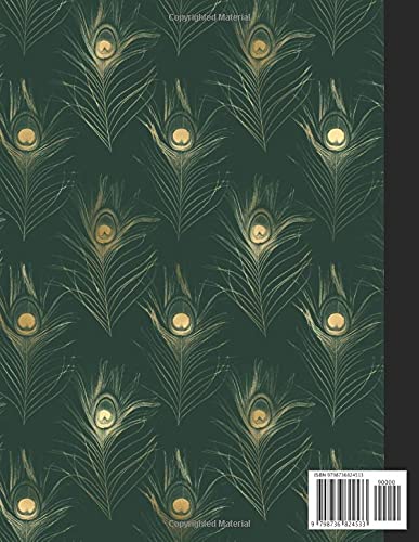 Notebook: Green & Gold Peacock Feather Print Elegant Cover Design College Ruled Lined Notebook For Writing and Composition - Image 2
