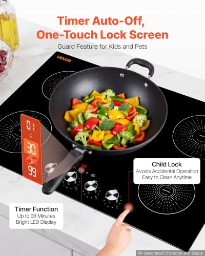 Image of VEVOR Induction Cooktop 30inch 5 Burners Built-in Electric Stove 220V 9200W, Induction Burner for Kitchen, with 11 Power Levels, Knob Control, Ceramic Glass Surface, Child Lock