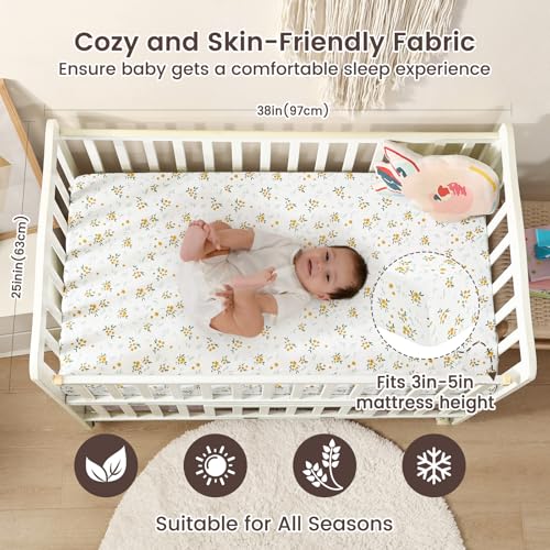 Image of david's kids 3 Pack Mini Crib Sheets, Soft Breathable Premium Pack N Play Sheets for Baby Boys Girls Neutral, Playard and Mini Crib Mattresses, Leaf & Floral