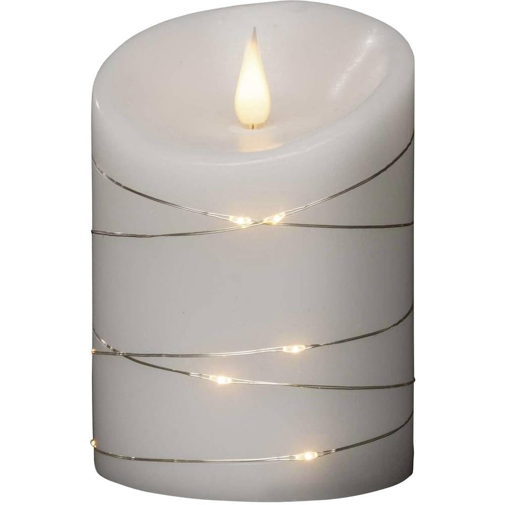 Konstsmide LED Echtwachskerze, weiß, mit 3D Flamme und silberfarbenem Draht umwickelt, mit 4h und 8h Timer, 1 warm weiße Diode / 15 LED Tropfen, batteriebetrieben, Innen - 1844-190