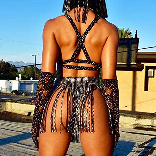 Jemiwa Rhinestone Fringe Belt Skirt Black Sparkly Tassel Body Chain Wrap Skirts Crystal Belly Dance Hip Scarf Rave Belts Outfit For Women #TOP2