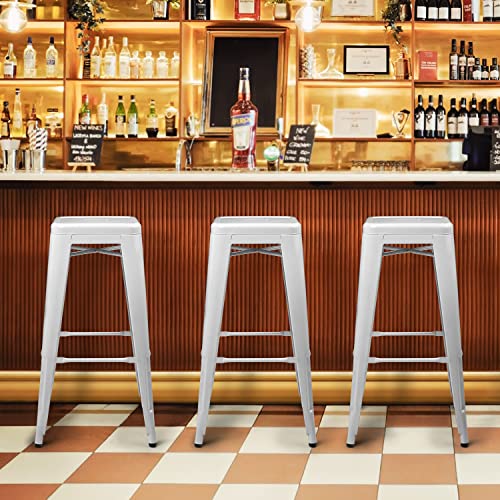 Monibloom Set Of 4 Metal Stackable Barstools In White, 30 Inch High Backless Patio Furniture Indoor Outdoor Kitchen Bar Stools Dining Chair #TOP1