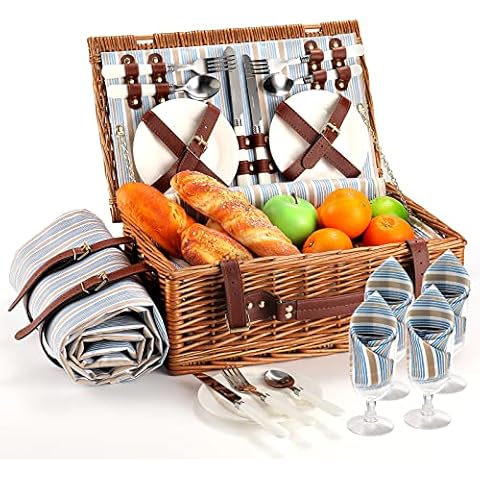 HYBDAMAI Picnic Basket for 4 Persons with Waterproof Picnic Blanket and Insulated Cooler, Large Wicker Picnic Basket for Camping, Outdoors, Valentine's Day, Mother's Day, Birthday, Wedding Gift Cover
