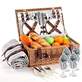 HYBDAMAI Picnic Basket for 4 Persons with Waterproof Picnic Blanket and Insulated Cooler, Large Wicker Picnic Basket for Camping, Outdoors, Valentine's Day, Christmas, Birthday, Wedding Gift