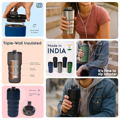 Image of Headway Java Insulated Tumbler | Stainless Steel Thermos Flask | Flip Open Lid | Coffee Mug Travel | Coffee Mug | Tumbler for Office | Meridian Green | 600 ml