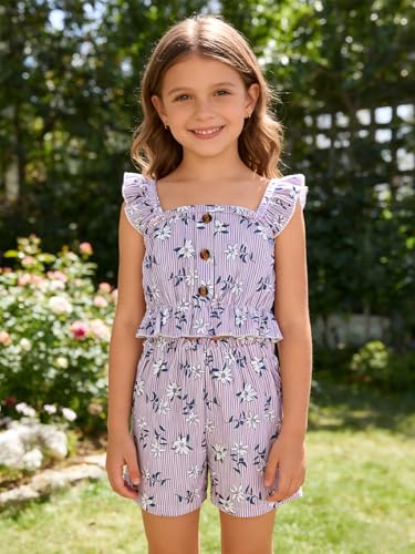Image of Kids Toddler Girls Summer Clothes Button Design Striped Tank Top + Floral-Print Elastic Shorts 2 Piece Outfits