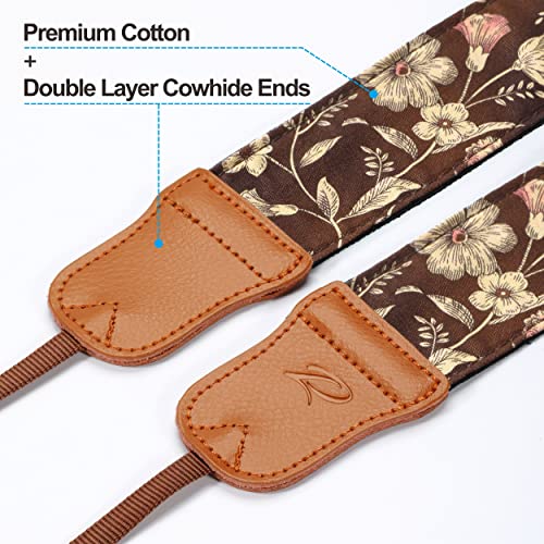 Image of Padwa Lifestyle Japanese Brown Printed Floral Camera Strap - 2 inch Wide Double Layer Cowhide Head Camera Straps for Photographers, Universal Neck & Shoulder Cotton Padded Vintage Strap for Cameras
