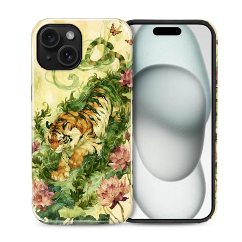 NONMY for iPhone 15 Case,Hybrid 2 Layer Hard Shell Silicone Protective Case - Lotus Butterfly Green Tiger - Scratch Resistant Shockproof Cover