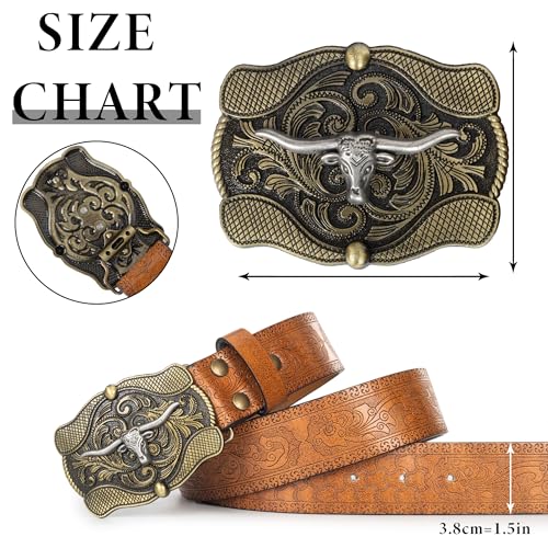 Image of UTOWO Western PU-Leather Cowboy Buckle Belt for Men and Women Jeans Engraved Floral Longhorn Bull Buckle Belt (25-38 inch waist)